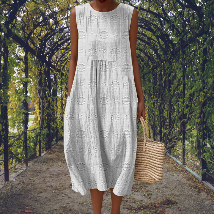 Lotte - Vintage Linnen Maxi Jurk Dames met Ronde Hals en Zakken