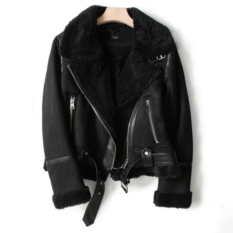Zachte Leren Dames Bikerjack met Teddyvoering en Ritsdetails