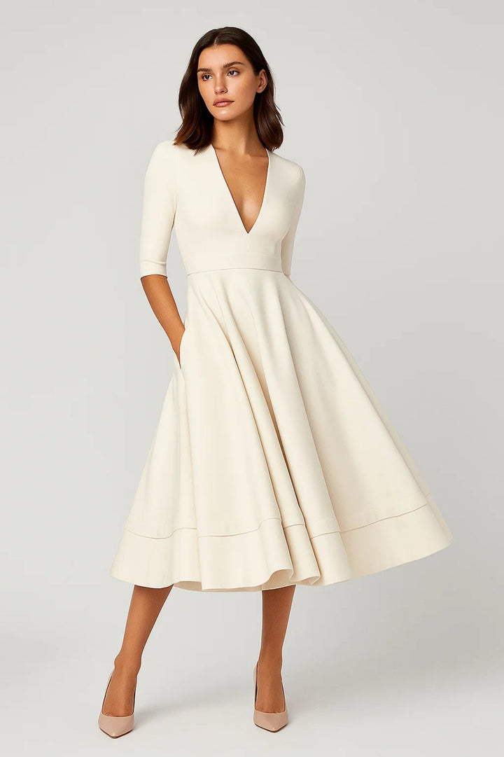 Midi Jurk Dames - V-hals met Driekwart Mouwen | Elegant