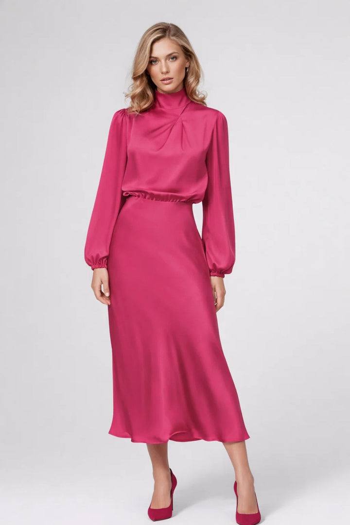 Midi Jurk Dames - Hoge Kraag met Lange Mouwen | Elegant