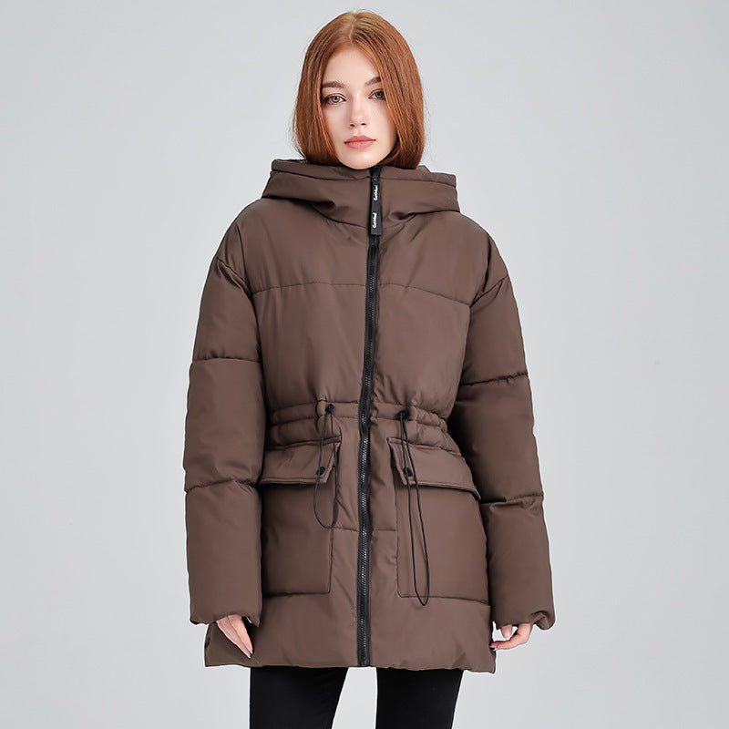 Dames middellange thermoparka met taillering tunnelkoord en capuchon