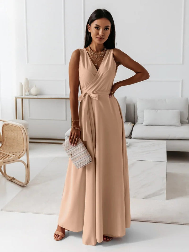 Elegante Cocktail Maxi Jurk Met V Hals En Strikdetail
