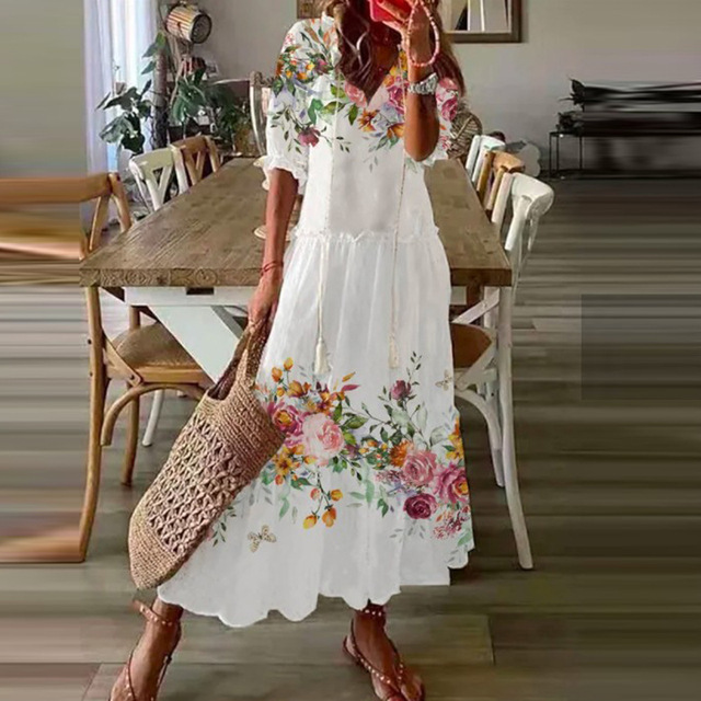 Boho Maxi Jurk Met Bloemenprint En V Hals
