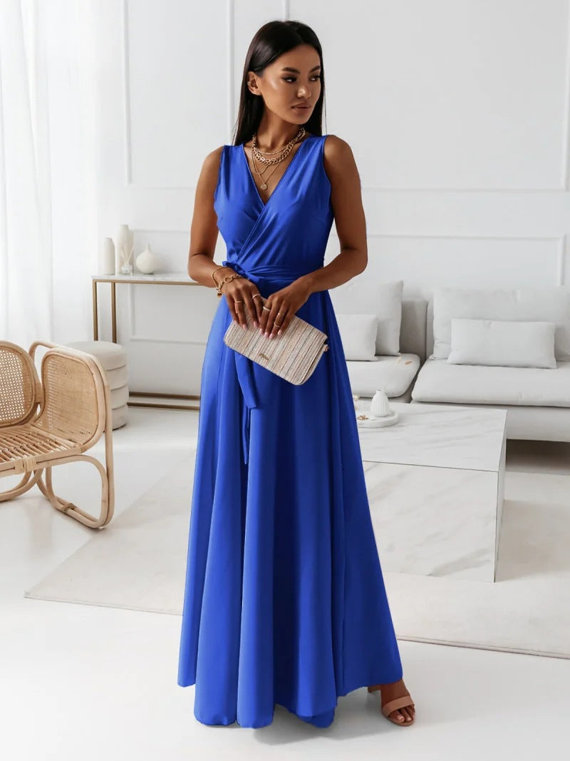 Elegante Cocktail Maxi Jurk Met V Hals En Strikdetail