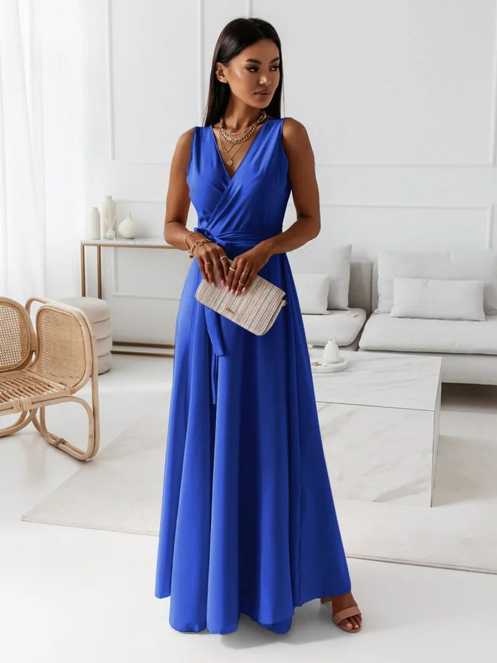 Elegante Cocktail Maxi Jurk Met V Hals En Strikdetail