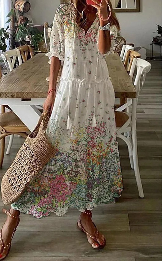 Boho Maxi Jurk Met Bloemenprint En V Hals