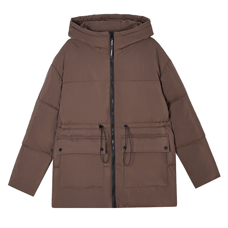 Dames middellange thermoparka met taillering tunnelkoord en capuchon