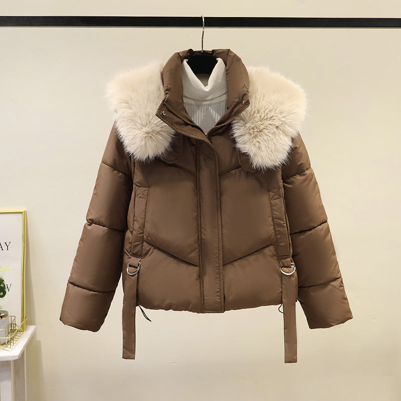 Dames korte gewatteerde jas met volumineuze faux fur kraag en tailleband