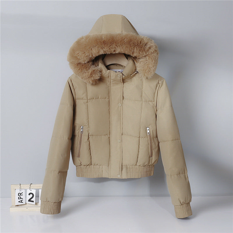 Dames korte gewatteerde hoodie met kunstbontkraag
