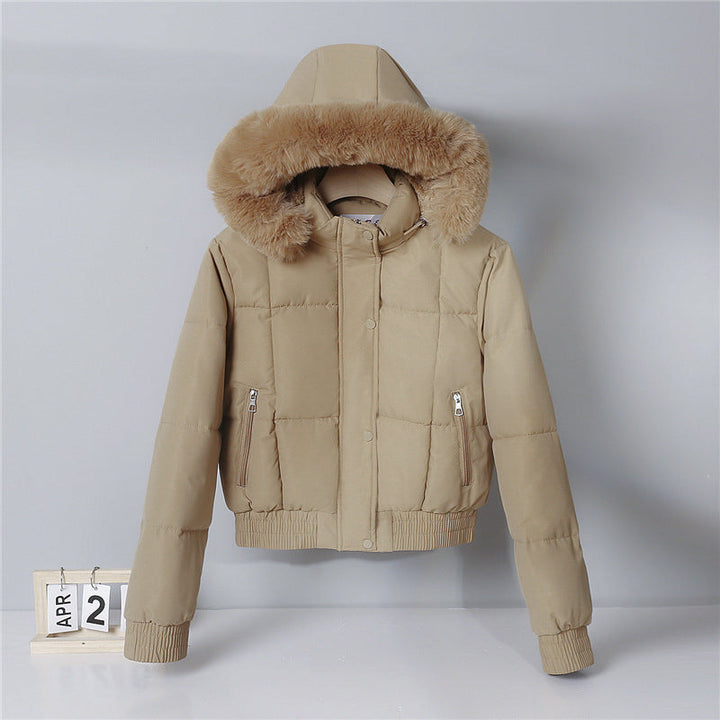 Dames korte gewatteerde hoodie met kunstbontkraag