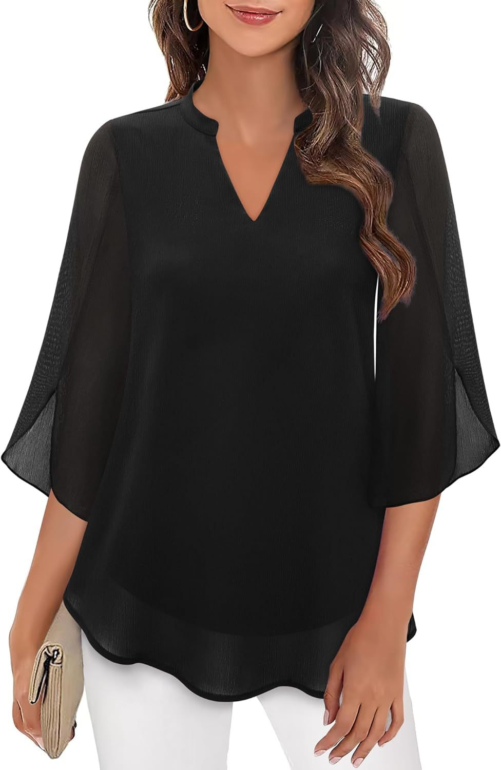 Luchtige Losvallende Blouse Dames met Splitnek en Driekwartmouwen