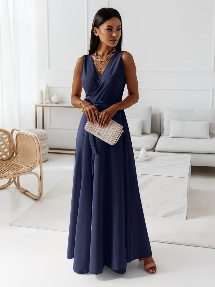 Elegante Cocktail Maxi Jurk Met V Hals En Strikdetail