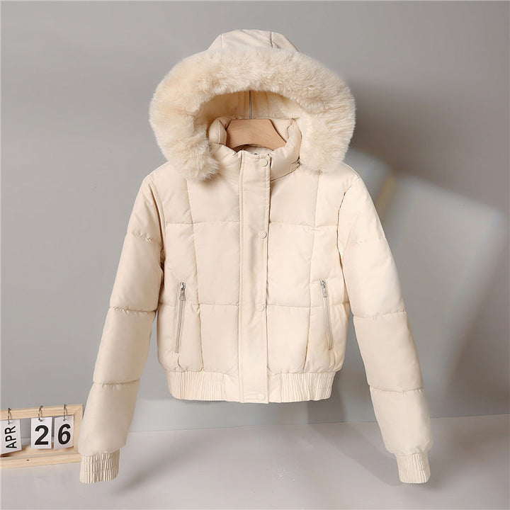 Dames korte gewatteerde hoodie met kunstbontkraag