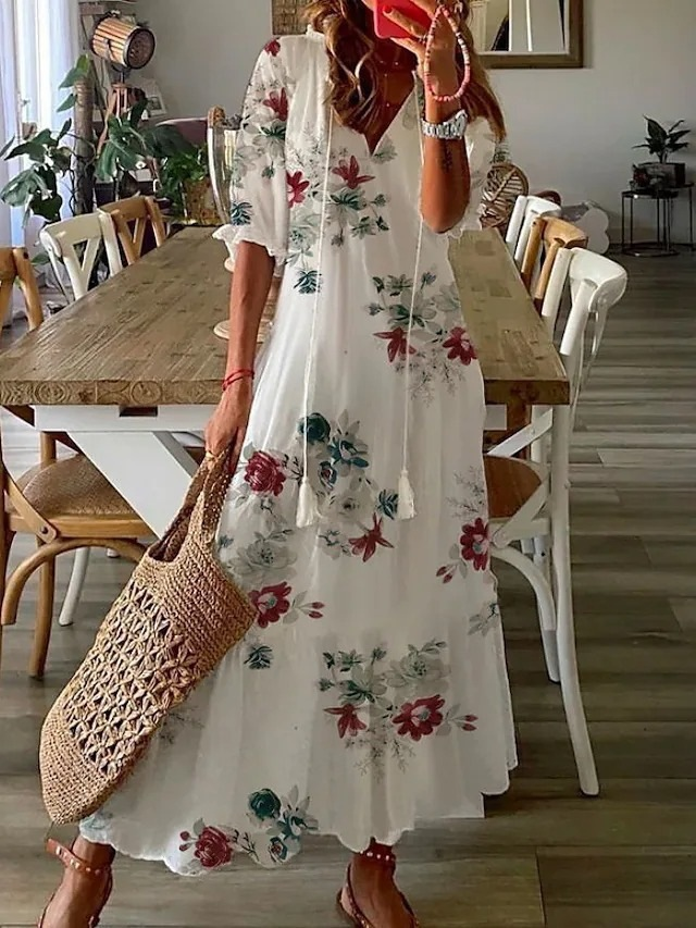 Boho Maxi Jurk Met Bloemenprint En V Hals