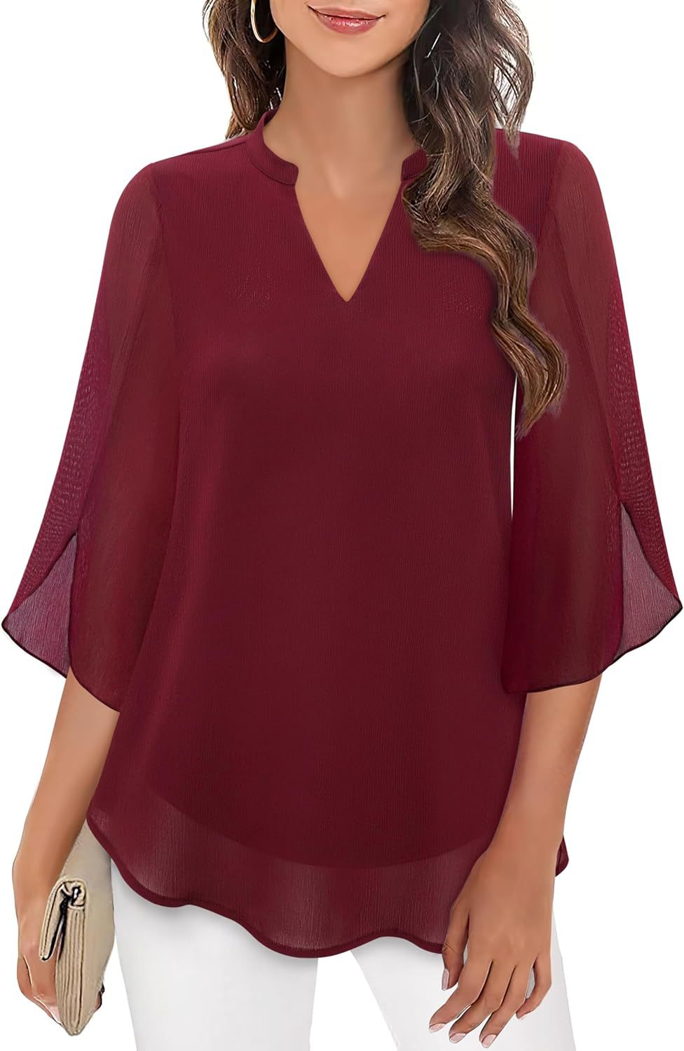 Luchtige Losvallende Blouse Dames met Splitnek en Driekwartmouwen