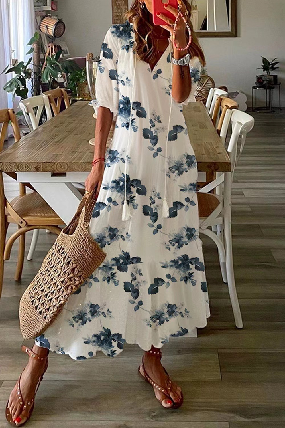 Boho Maxi Jurk Met Bloemenprint En V Hals