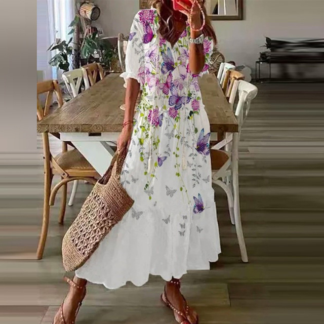 Boho Maxi Jurk Met Bloemenprint En V Hals