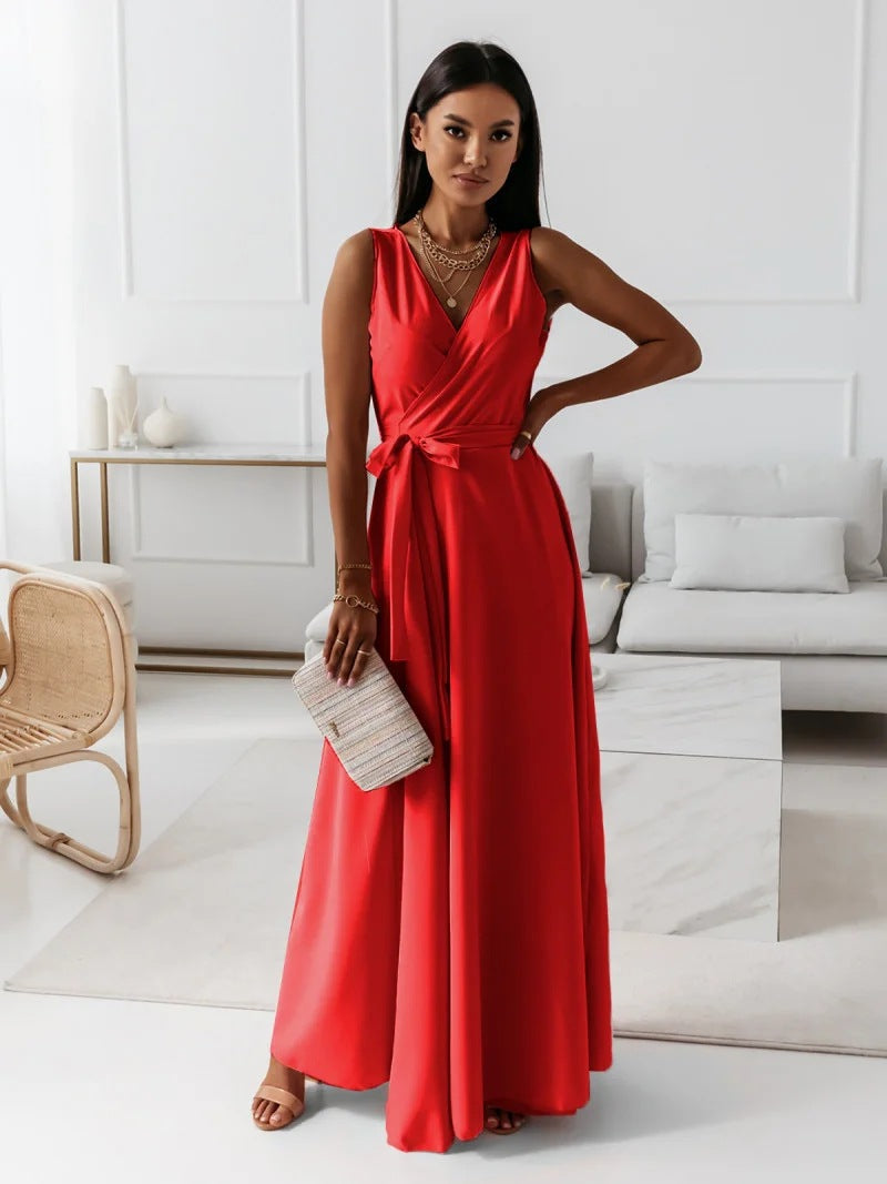 Elegante Cocktail Maxi Jurk Met V Hals En Strikdetail