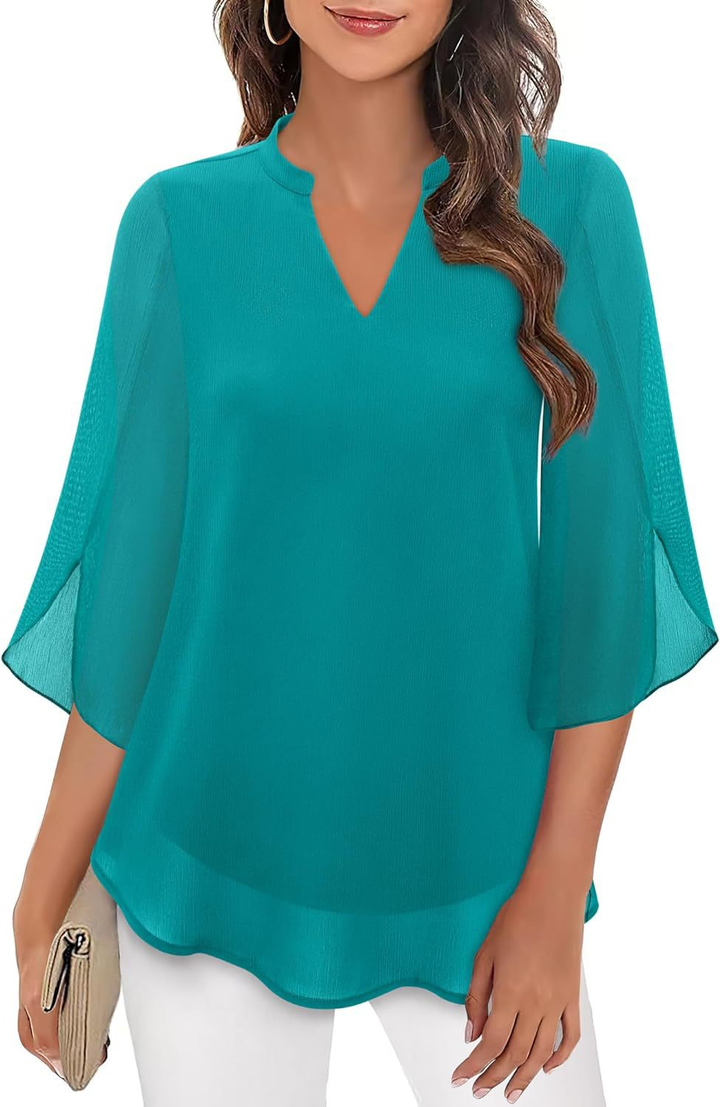 Luchtige Losvallende Blouse Dames met Splitnek en Driekwartmouwen