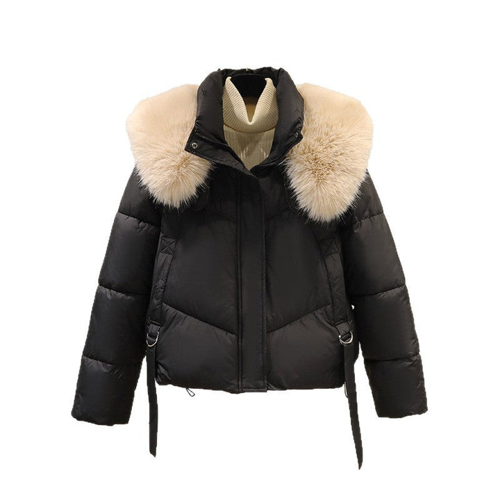 Dames korte gewatteerde jas met volumineuze faux fur kraag en tailleband