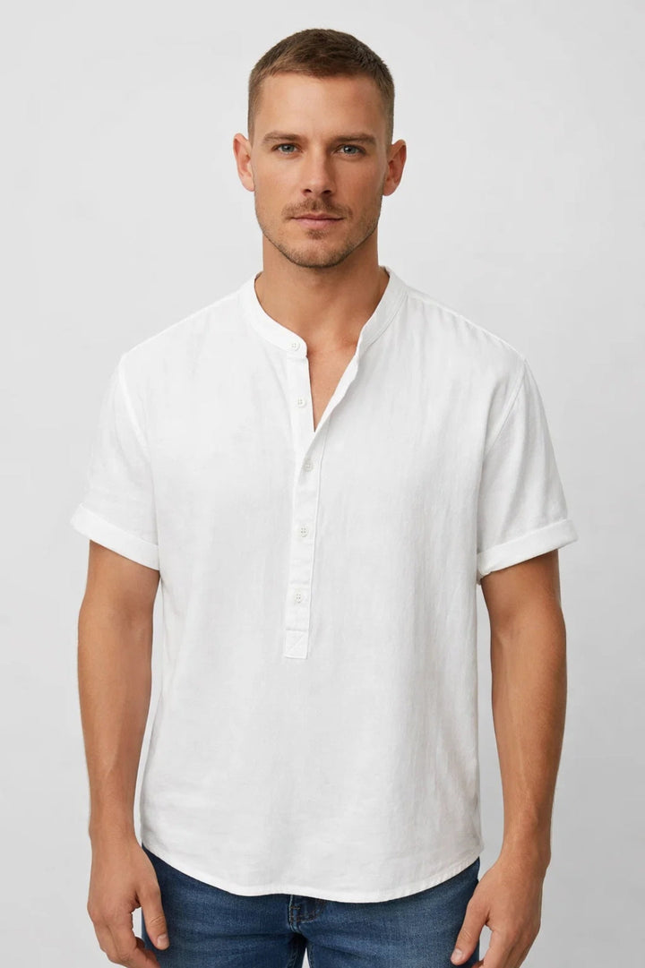 Overhemd Heren - Relaxed Fit Korte Mouw met Opstaande Kraag | Zomer