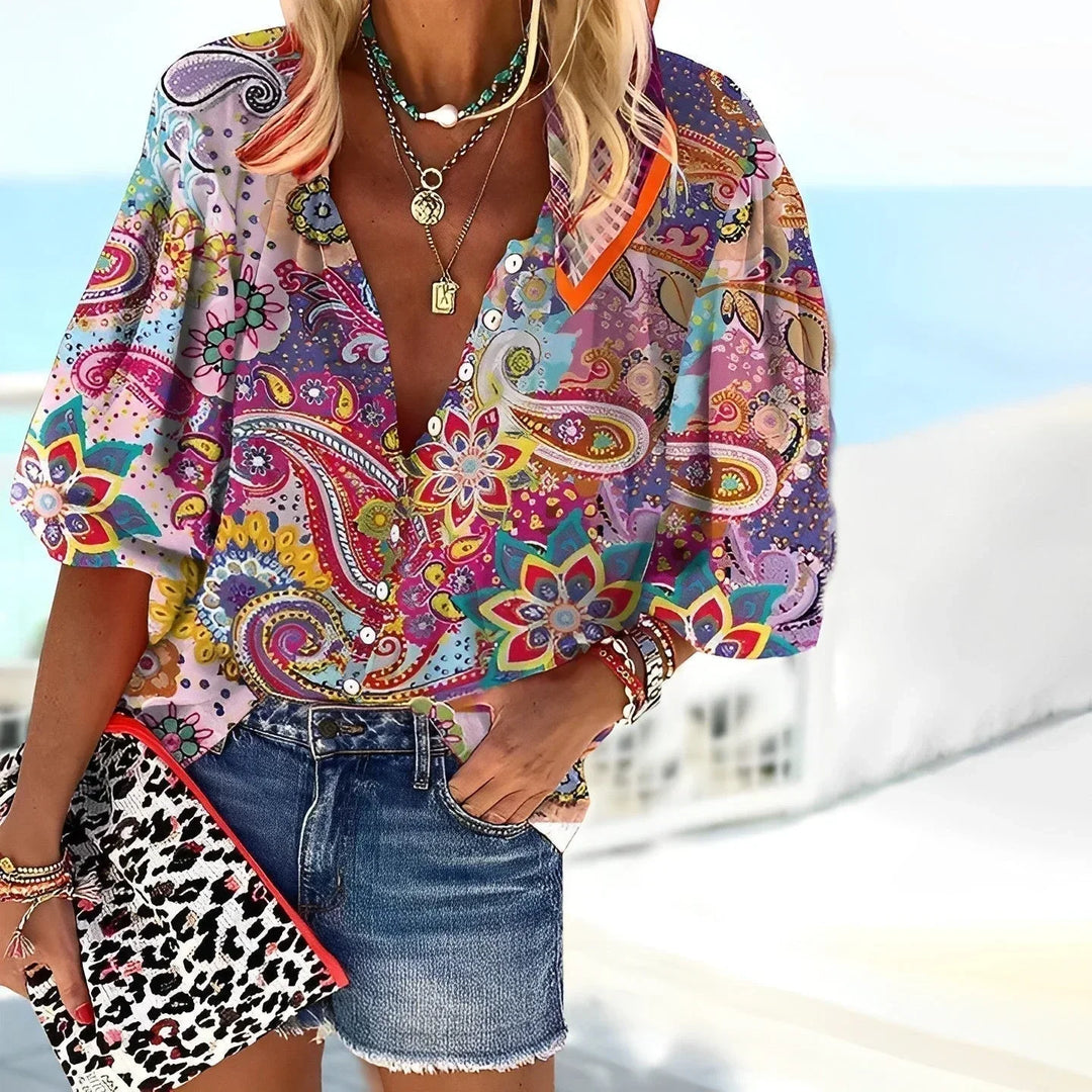Boho Blouse Met Paisley Print En Korte Mouwen Voor Dames