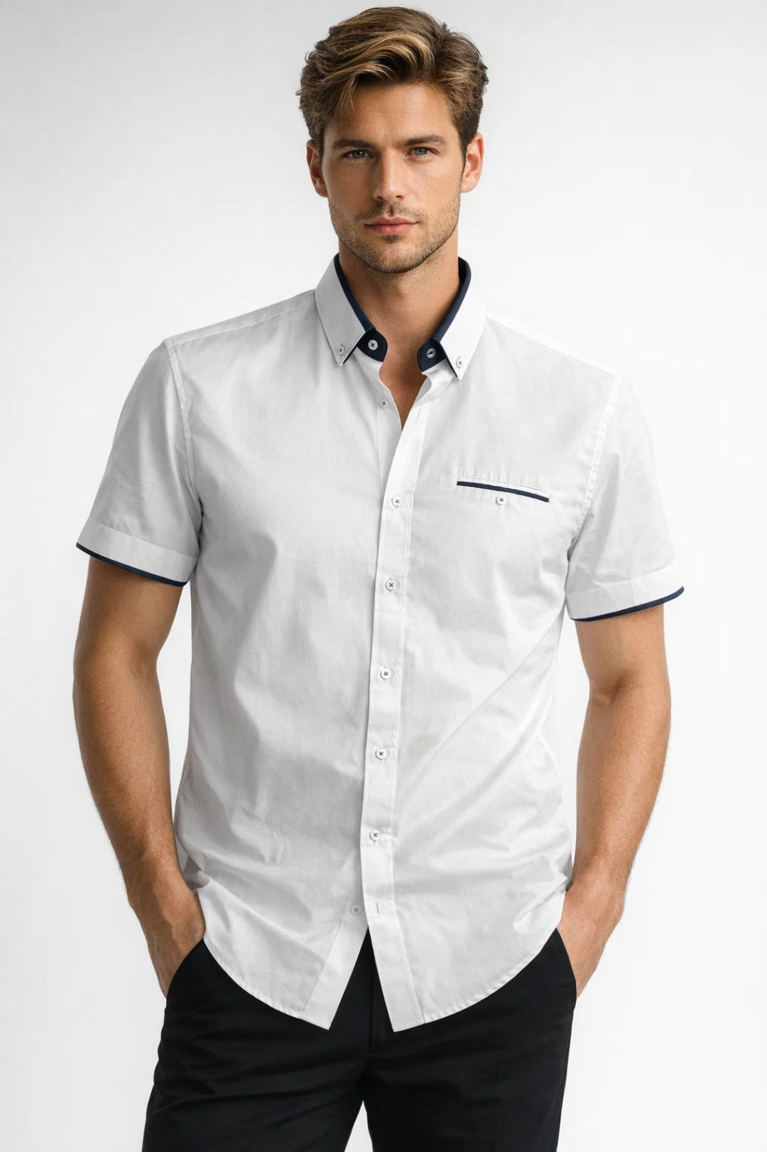 Overhemd Heren - Regular Fit Korte Mouw met Contrastdetail | Zomer