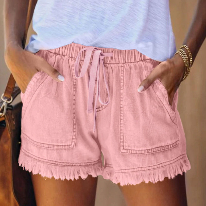 Comfortabele denim short met elastische tailleband en rafelranden
