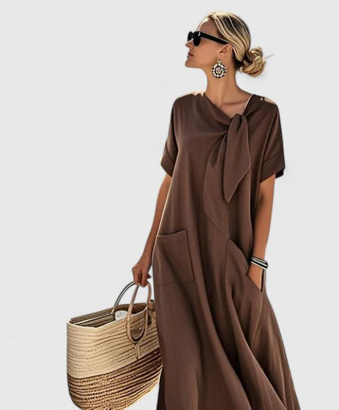 Sanne - Casual Zomerjurk Dames Maxi met Strikdetail en Zijzakken