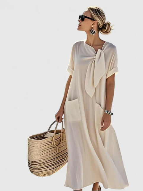 Sanne - Casual Zomerjurk Dames Maxi met Strikdetail en Zijzakken