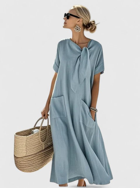 Sanne - Casual Zomerjurk Dames Maxi met Strikdetail en Zijzakken