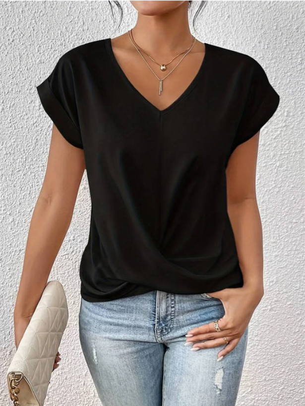Casual Gedrapeerde V Hals Blouse Voor Dames Met Korte Mouwen