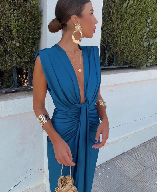 Chique Dames Gala Midi Jurk Met Diepe V Hals En Hoge Split