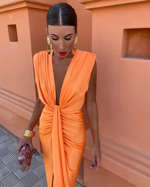 Chique Dames Gala Midi Jurk Met Diepe V Hals En Hoge Split