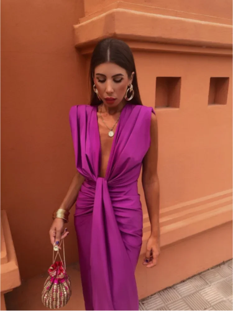 Chique Dames Gala Midi Jurk Met Diepe V Hals En Hoge Split