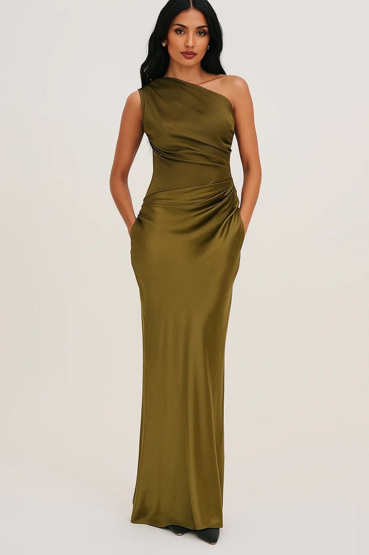 Maxi Jurk Dames - One Shoulder en Strakke Pasvorm | Geplooide Taille