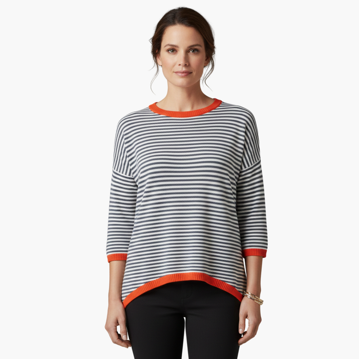 Stijlvolle Dames Lange Mouw Gestreepte Top met Contrasterende Afwerking