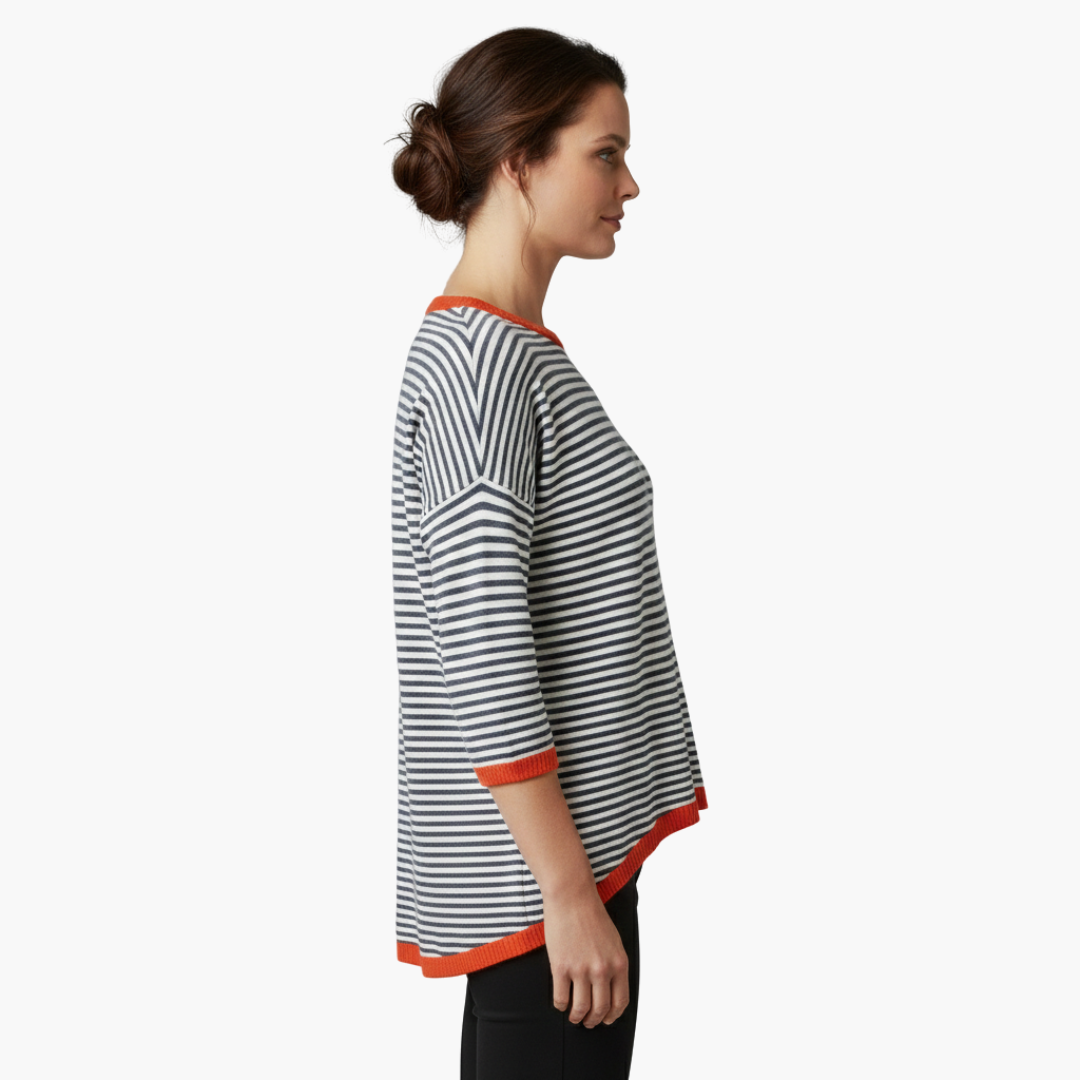 Stijlvolle Dames Lange Mouw Gestreepte Top met Contrasterende Afwerking