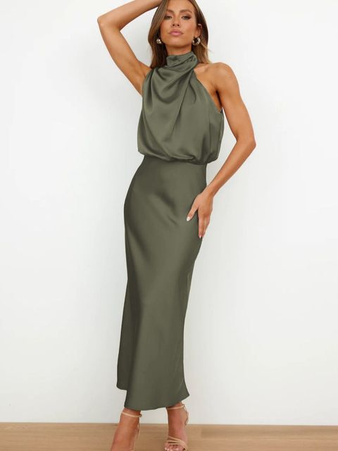 Dames maxi cocktailjurk met halternek en elegante avondlook