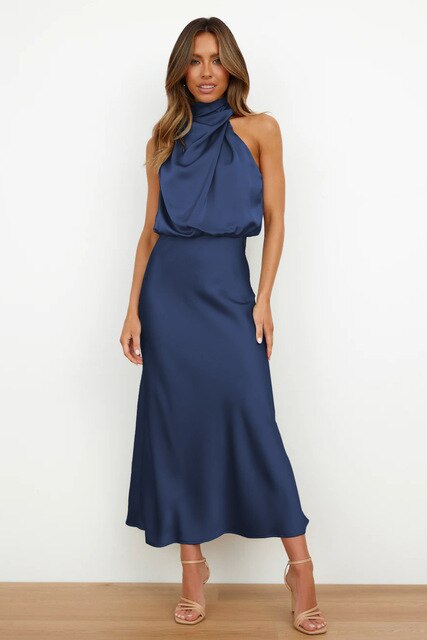 Dames maxi cocktailjurk met halternek en elegante avondlook