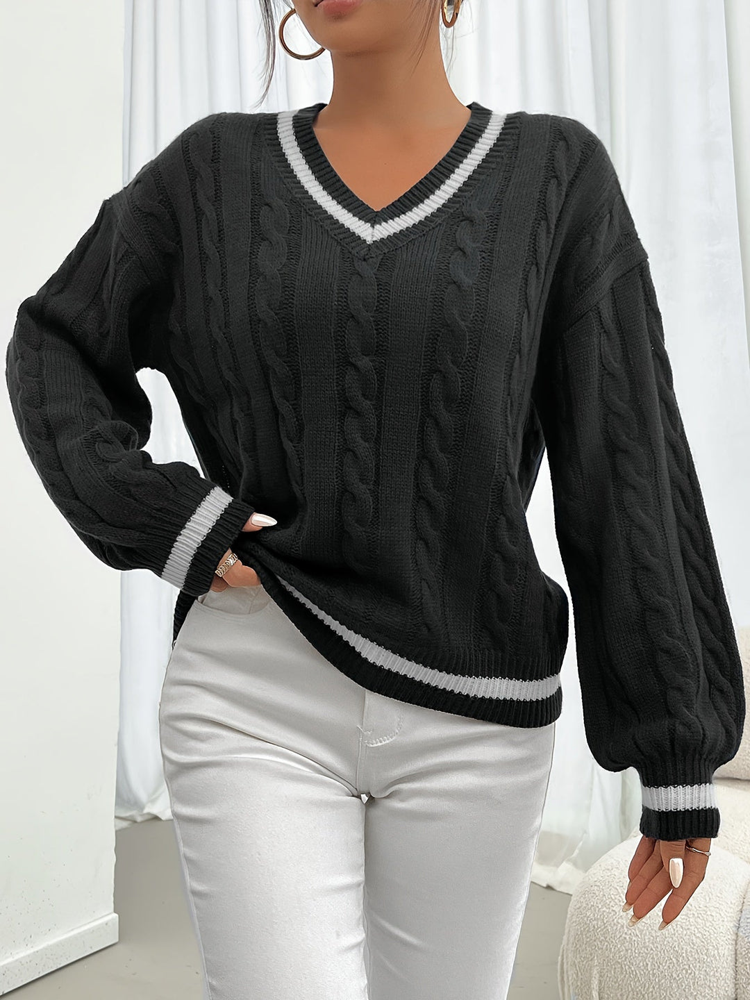 Camryn | Kabelgebreide V-Hals Trui