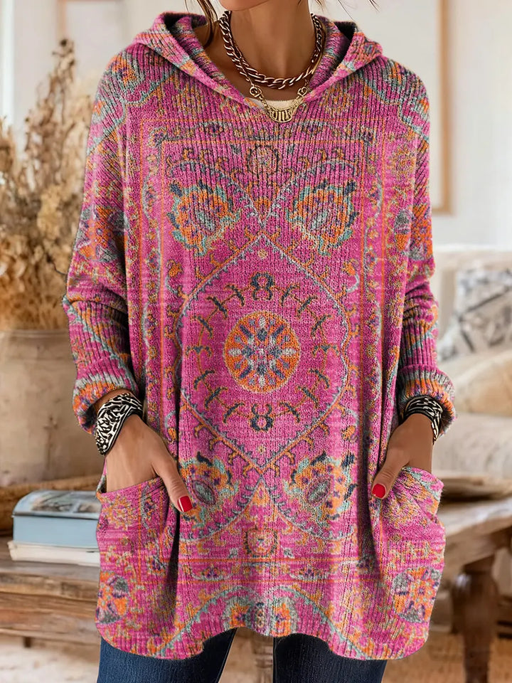 Vintage-geïnspireerde hoodie tuniek met zakken en etnische print