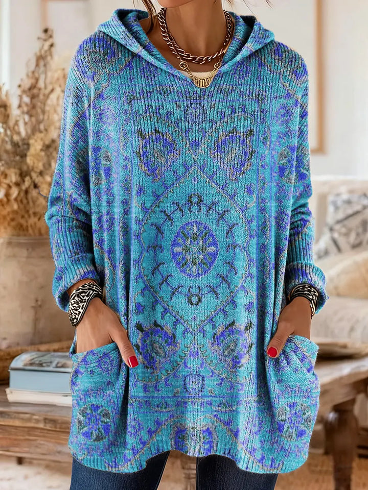 Vintage-geïnspireerde hoodie tuniek met zakken en etnische print