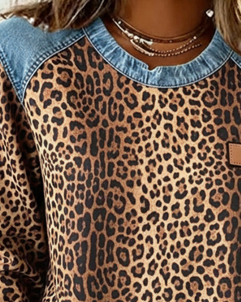Leopardprint Denim Patchwork Pullover