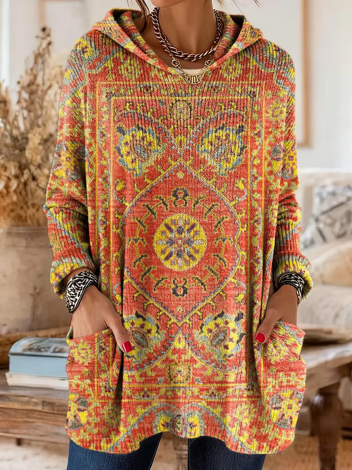 Vintage-geïnspireerde hoodie tuniek met zakken en etnische print