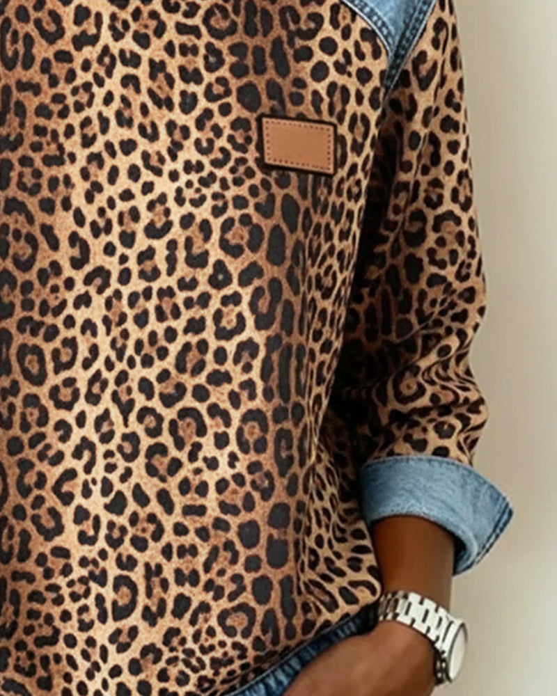 Leopardprint Denim Patchwork Pullover