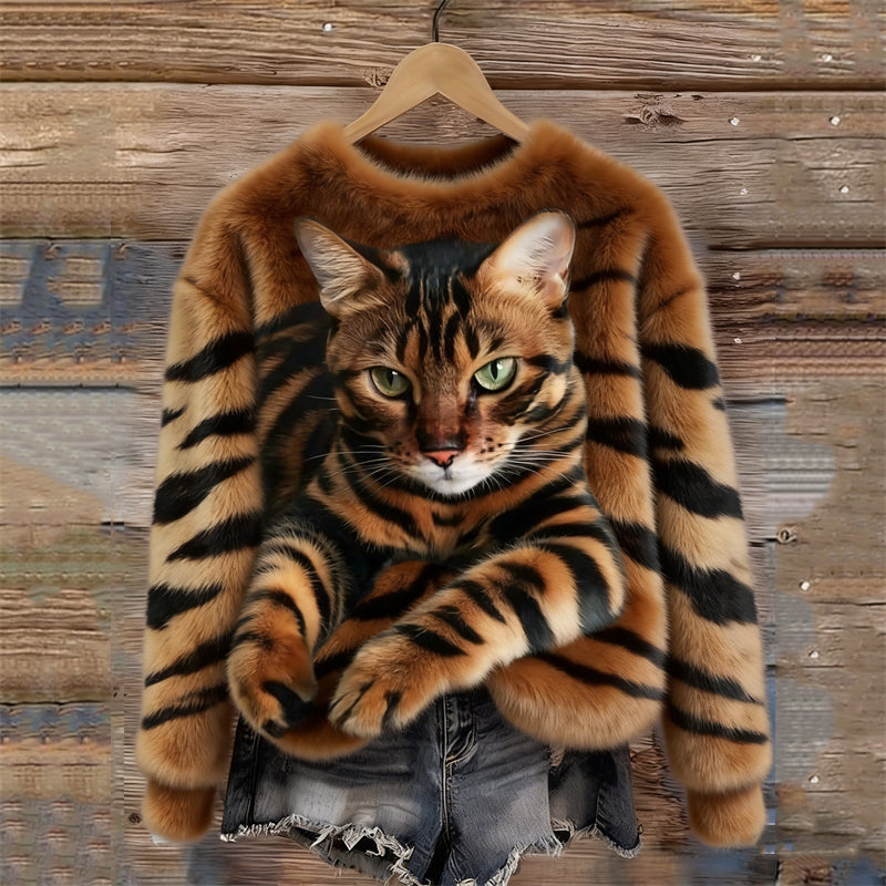 Gezellig Pluche Sweatshirt met een Tijger- en Tabby-Kitten-Design