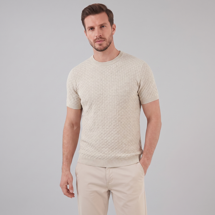 Basket Weave Knit T-Shirt Heren Crew Neck Zomer