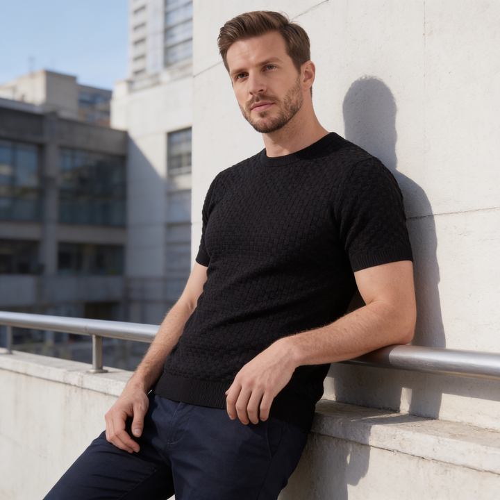 Basket Weave Knit T-Shirt Heren Crew Neck Zomer