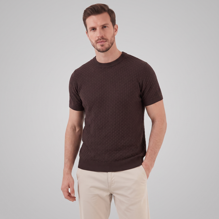 Basket Weave Knit T-Shirt Heren Crew Neck Zomer